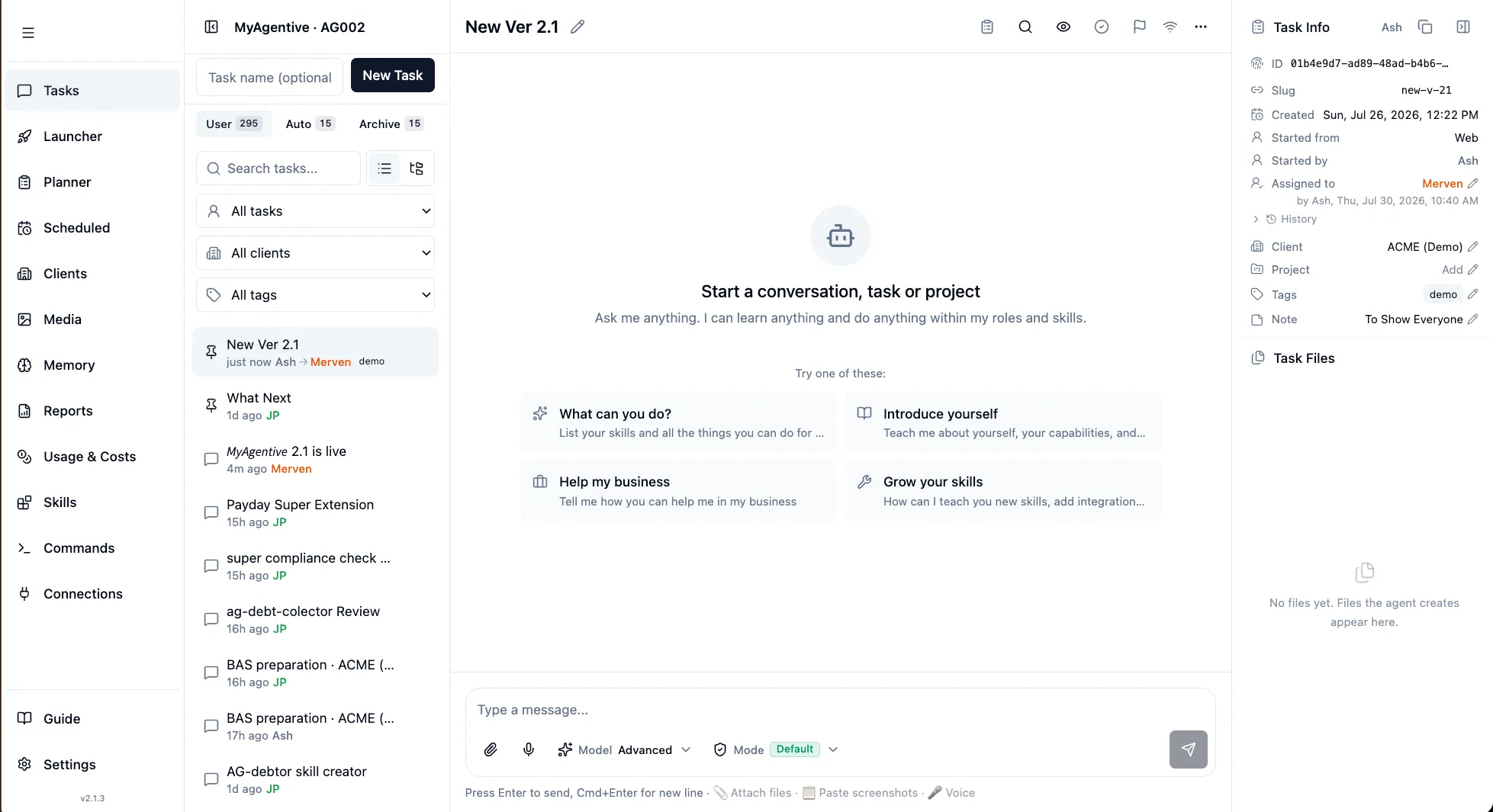 The MyAgentive AI Employee web interface: tasks, launcher, planner, clients, reports, usage and costs, skills and connections in one workspace