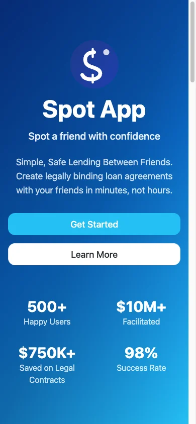 Spot App peer-to-peer lending demo app mobile home screen