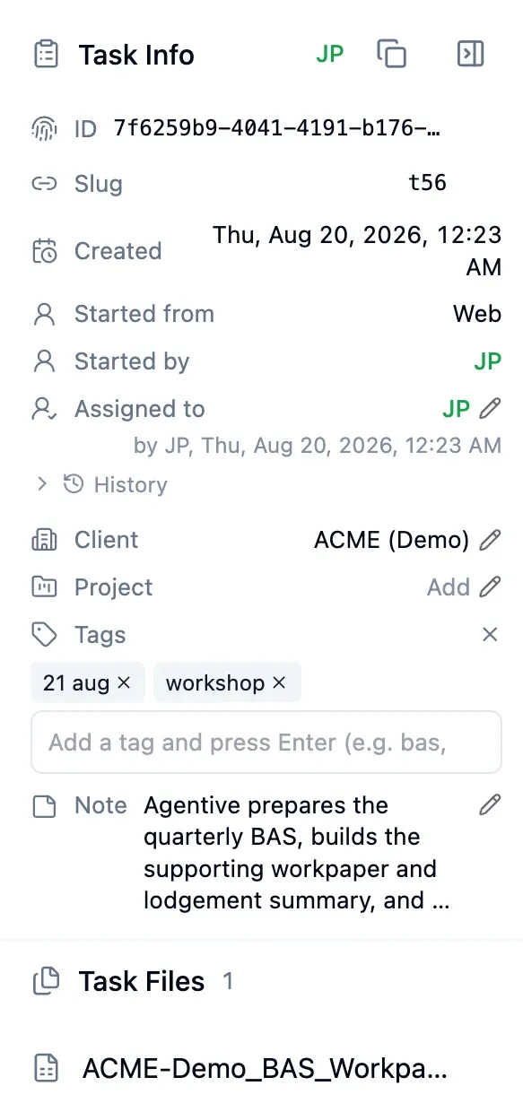 Task record showing who started and was assigned the task, the client, the time, and the workpaper file produced