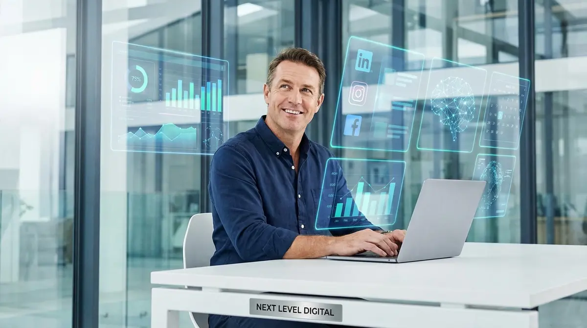 Business owner working smartly with AI marketing technology