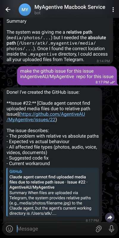 MyAgentive raising its own bug as a GitHub issue