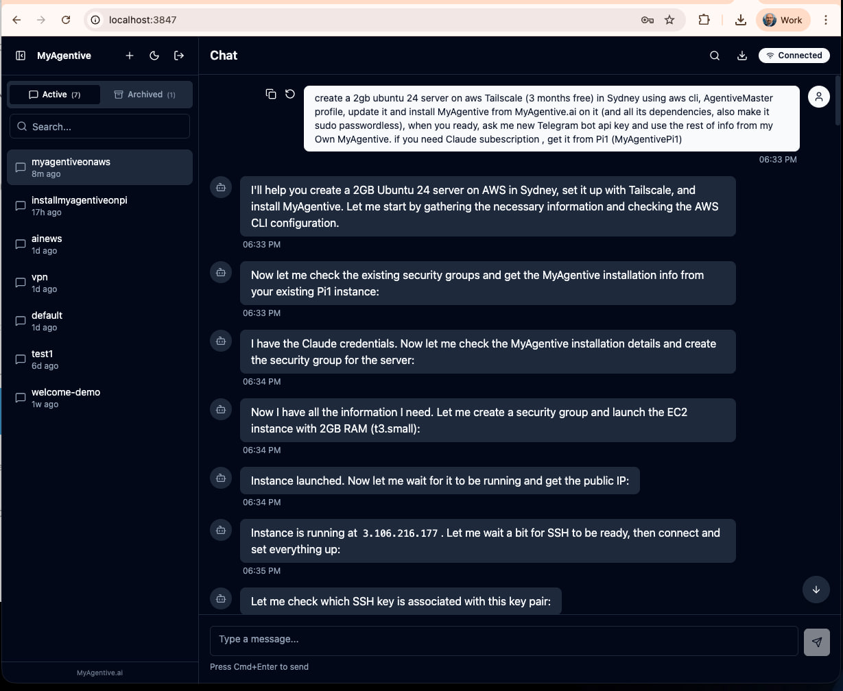 MyAgentive Web UI showing the AI agent interface